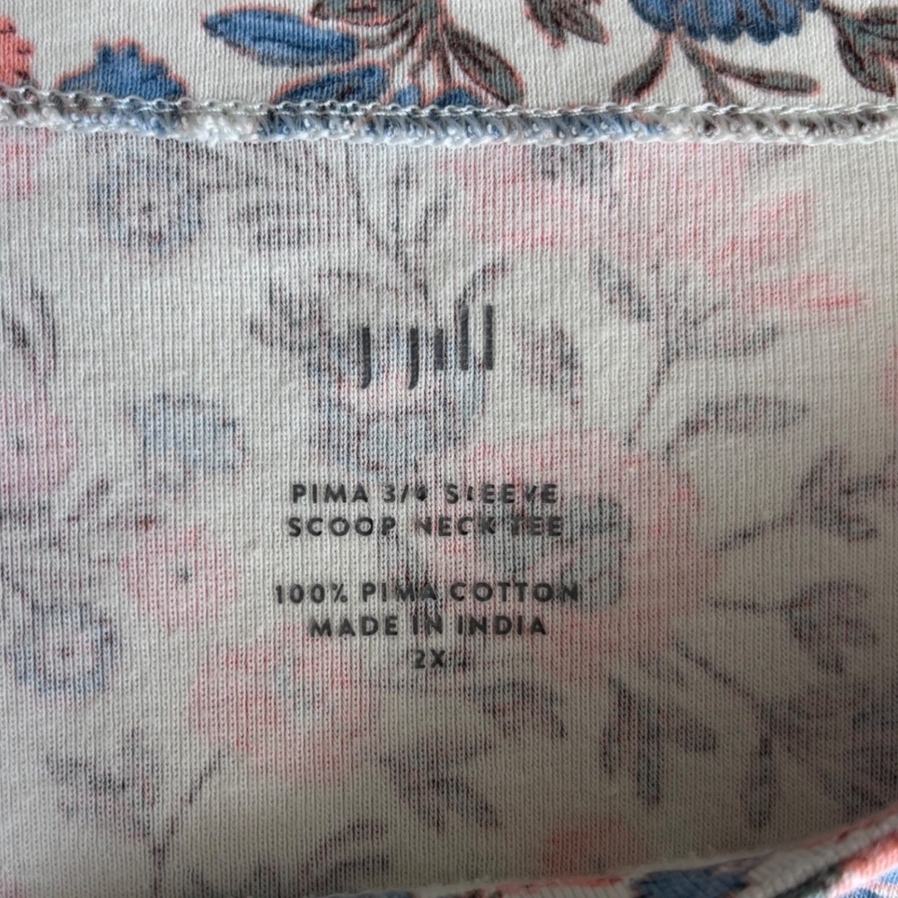 J. Jill Pima Cotton 3/4 Sleeve Scoop Neck Floral Tee Top Coral Blue 2XL - Picture 4 of 6